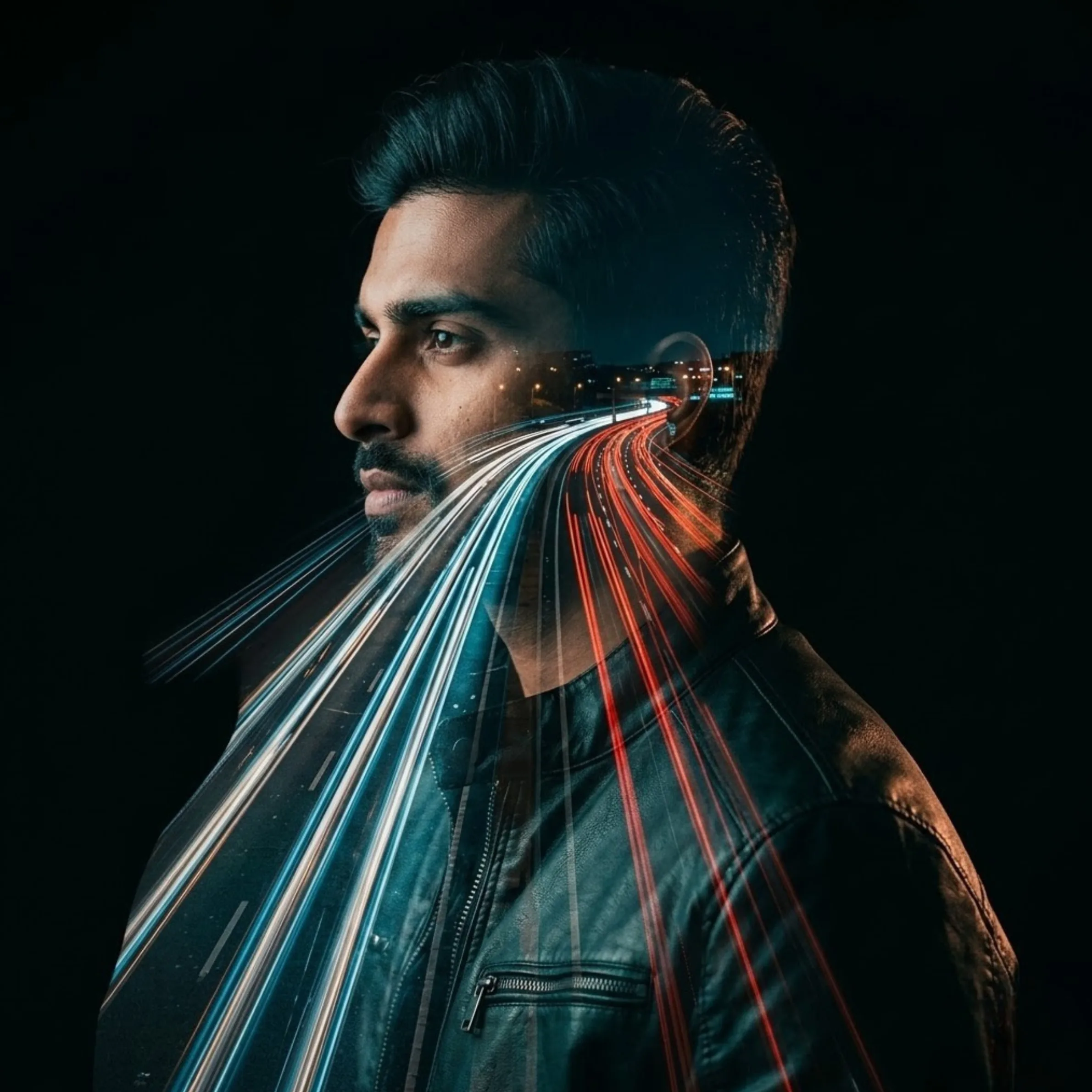 Prompt 4 double exposure cityscape portrait with highway light trails